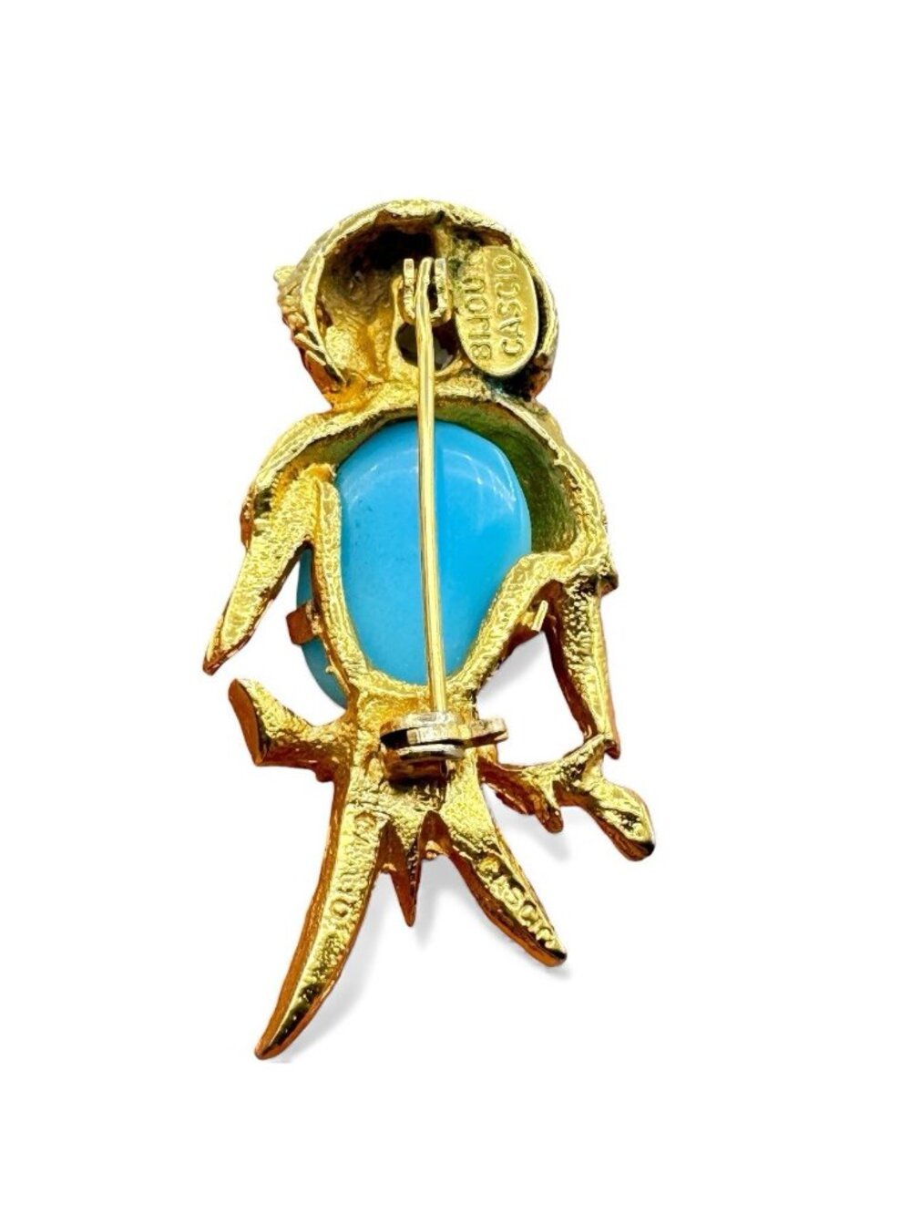 Vintage Bijoux Cascio Owl Brooch Gold-Tone Figural Blue Art Glass Belly Italy - Picture 2 of 9